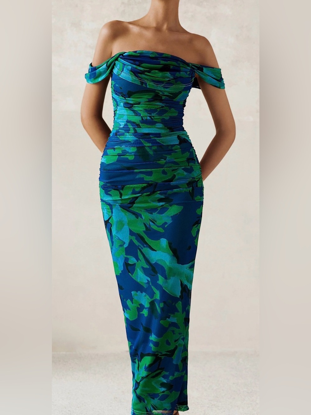 Off-Shoulder Blue and Green Ruched Sheath Dress